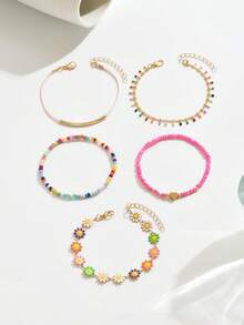 5 pièces/set Bracelet bohème frais et doux en émail à fleurs de marguerite. Accessoires féminins avec bracelet à gouttes de peinture à l'huile florale. Perles de couleur dopamine d'été assorties, convient pour les cadeaux, les voyages quotidiens et le port - Multicolore - Voir 6