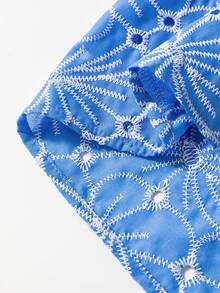 Acelitt Sky Blue Floral Embroidery Ruffle Hem Petal Sleeve Blouse, Summer - Blue - View 8