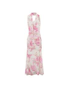 2PCS Women Floral Strapless Maxi Dress With Neck Scarf Backless Bodycon Tube Long Dresses Flower Mesh Summer Sundress - 白色 - 查看 6
