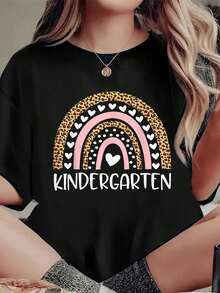 Kindergarten Teacher Leopard Teacher Back To School-Shirt. Casual Crew Neck Short Sleeved Summer Top Round Neck Art Summer Top Art-Shirt Women