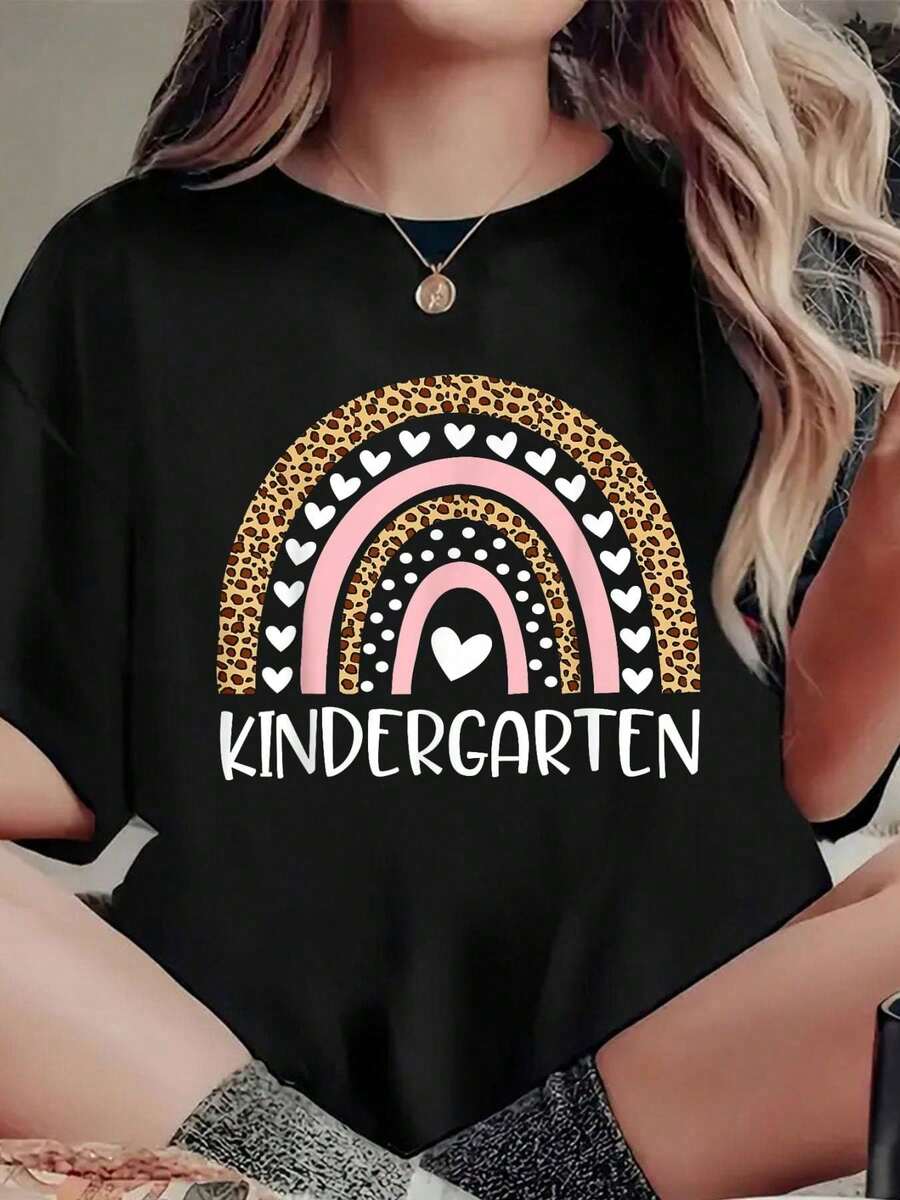 Kindergarten Teacher Leopard Teacher Back To School-Shirt. Casual Crew Neck Short Sleeved Summer Top Round Neck Art Summer Top Art-Shirt Women