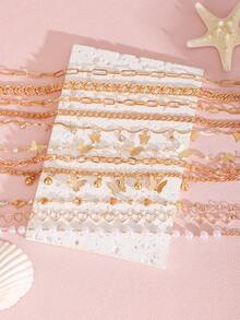 10 件/5 件优雅波西米亚风格人造珍珠、蝴蝶、心形、锆石、几何金脚链套装，适合女性海滩度假、约会、旅行、日常穿着、音乐节礼物 - 金色 - 查看 7