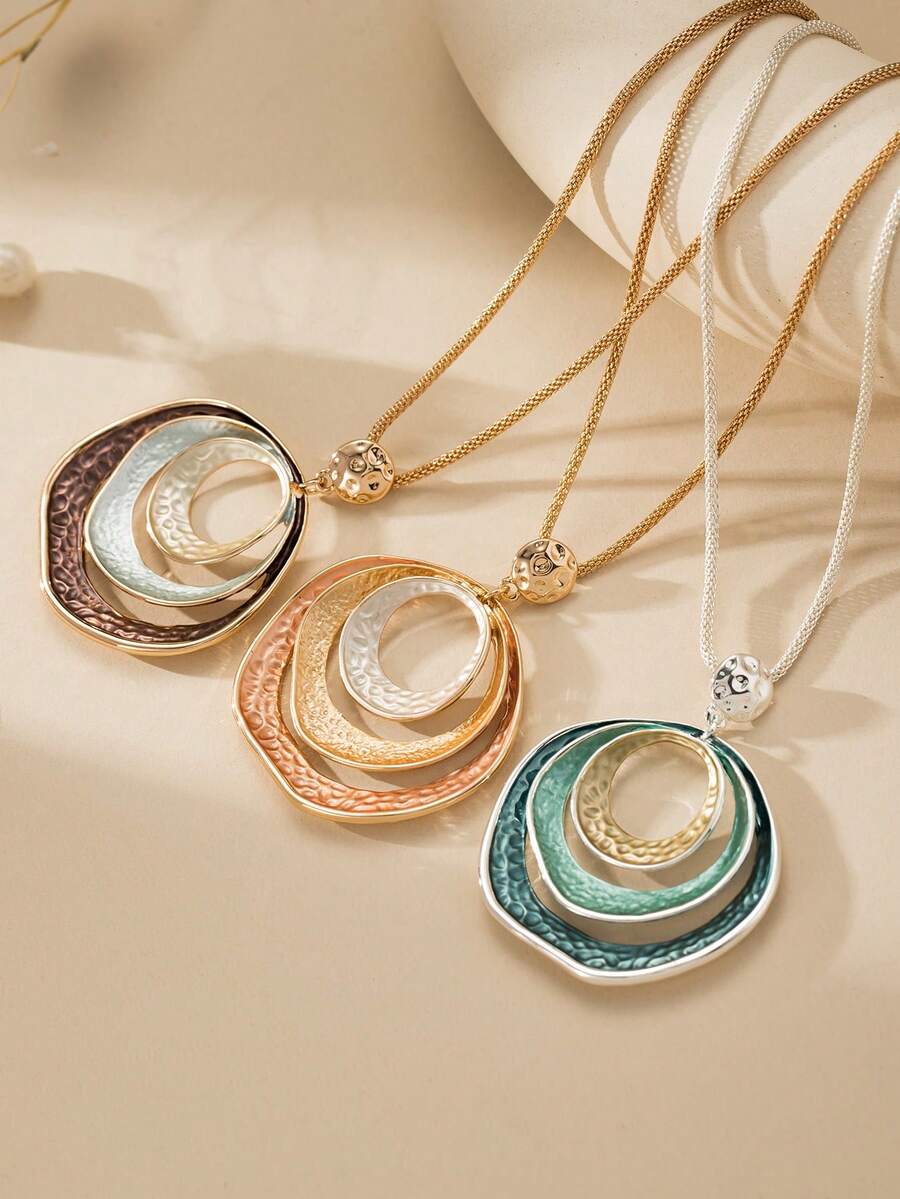 Cring Coco 1 buah Kalung Liontin Enamel Oval Tidak Beraturan Berlapis-lapis Bertekstur Vintage, Kalung Panjang Gaya Bohemian untuk Wanita, Perhiasan Pesta Sehari-hari