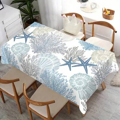 1 pezzo Tovaglia in poliestere con motivo a stelle marine e coralli - Design alla moda blu e bianco, facile da pulire, di grandi dimensioni, adatta per tavolo da pranzo, picnic e raduni festivi, ottima per la decorazione primaverile, copritavolo da picnic | Decorazione a tema oceano | Tovaglia