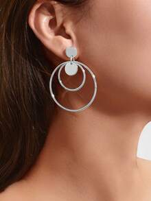 1 Pair Minimalist Silver Disc Pendant Earrings, Suitable For Women To Wear To Parties And Daily - Silver - View 2