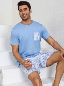 Set de pijamale casual pentru bărbați, top cu mânecă scurtă și pantaloni scurți moi și respirabili, potrivit pentru acasă și exterior, primăvară/vară