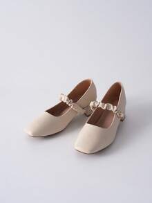 褶皱细节玛丽珍鞋，白色珍珠装饰粗跟尖头优雅高跟鞋，情人节圣诞节冬季圣诞礼物