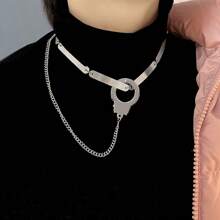 1pc Exaggerated Sexy Silver Metal Lock Clasp Necklace, Titanium Steel Geometric Splice Design, Smooth & Durable Chain, Hypoallergenic, Fade-Resistant, Suitable For Men & Women Party Outfit