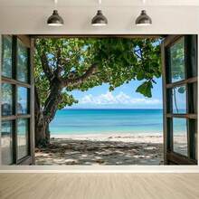1 Stück Naturstrandomhang Fotohintergrund Tuch, Fensterbaum, grüne Blätter, Meersicht, Stranddekorationshintergrund, Fotorequisiten, Tapete, Landschaftsfotostudio Hintergrundvorhang, geeignet für Geburtstagsfeiern, Outdoor-Feiern, Urlaubsveranstaltungen, Partybanner, mit verschiedenen Größen zur Auswahl