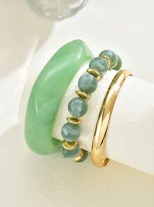 Set de 3 brazaletes asimétricos de resina con estampado geométrico y efecto tie dye, pulseras elásticas con cuentas y dijes para mujeres