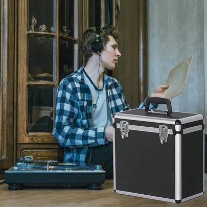 Record Storage Box 12" Vinyl LP Storage Box Case Aluminum Portable Lockable DJ Flight Carry Case Holds 50pcs Albums