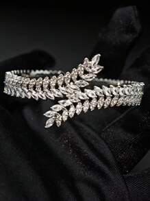 1 Set Of 2pcs European & American Fashion White Zirconia Bracelet Ring Set, Adjustable Design With Micro Inlaid Wheat Ear, Suitable For Women Daily Wear And Gifts