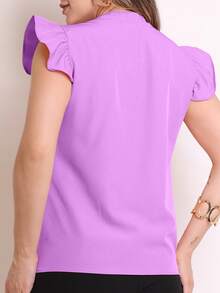 MARILYN MONNA New Women's Solid Color Classic V-Neck Ruffle Elegant Notched Neck Sleeve Blouse - 淡紫色 - 查看 2