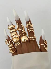 15Pcs Punk Smooth Geometric Open Rings Set For Women Exaggerated Asymmetrical Silver Color Thick Chunky Ring Hip Hop Jewelry Gifts