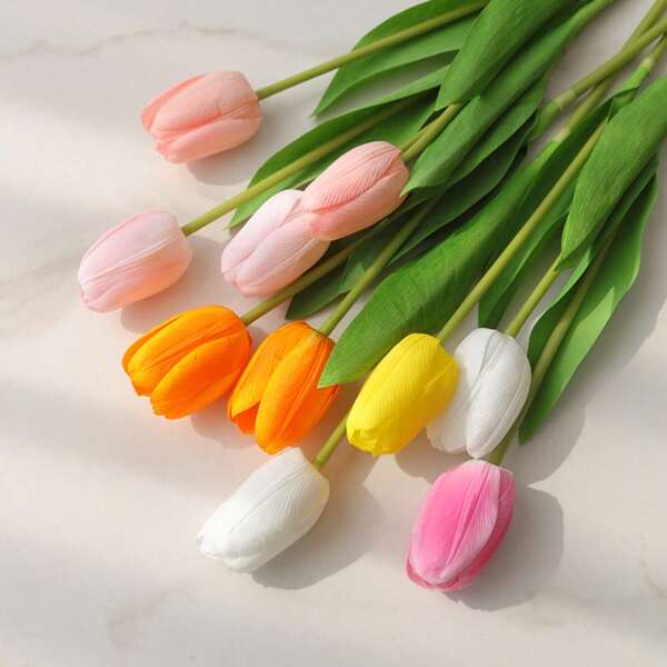 Colorful Fake Tulips Artificial Flowers Decoration, Silk Tulip Lifelike Floral Decor For Home, Indoor, Wedding, Vase, Party