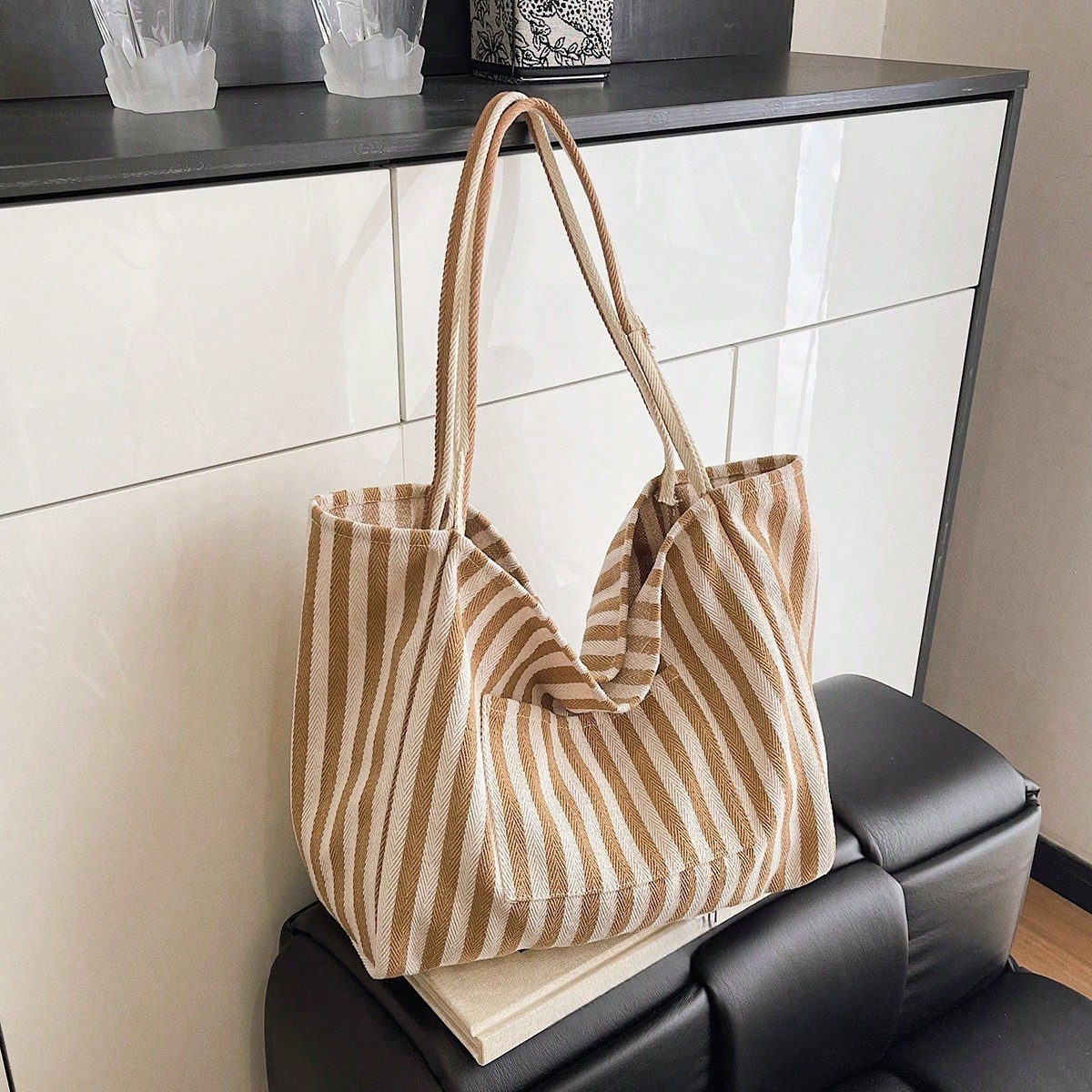 Bolso de tote a rayas de estilo vintage coreano, bolso de lona de gran capacidad y casual para mujer, adecuado para viajes y vacaciones