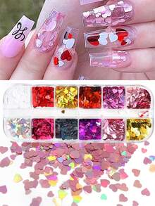 12色3D心形爱心美甲亮片套装，情人节专属 - 3毫米和5毫米金色、银色、红色激光亮片，闪光全息装饰美甲，情人节春季DIY美甲亮片（12色）美甲用品 - 彩色 - 查看 1