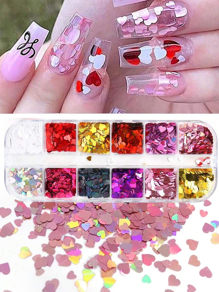 12色3D心形爱心美甲亮片套装，情人节专属 - 3毫米和5毫米金色、银色、红色激光亮片，闪光全息装饰美甲，情人节春季DIY美甲亮片（12色）美甲用品 - 彩色 - 查看 1