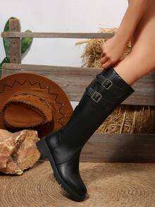 FVPFVP 2024冬季时尚别致黑色马靴，带搭扣装饰，英伦风修身过膝长靴，棕色，女士派对靴