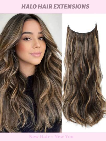 Invisible Wire Hair Extensions Wavy Curly Hair Extensions Chestnut Brown with Blonde Highlights Synthetic Fiber Double Weft Soft Hairpieces For Women