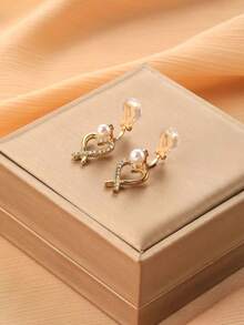 1 对时尚新款水晶仿珍珠心形设计夹式耳环，适合女士，高端优雅耳饰，适合日常佩戴和送礼 - 耳夾 - 查看 5