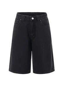 Women's Knee Length Denim Shorts Loose Solid Color Low Rise Wide Leg Long Shorts With Pockets For Summer - Grey - View 4