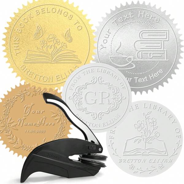 1 peça de máquina de relevo personalizada para livros com 100 etiquetas de selo e bolsa de armazenamento de couro, carimbo personalizado, carimbo de selo personalizado para livros de biblioteca, carimbo de texto, logotipo, cartões de visita, caderno de papel, atividades artísticas para crianças