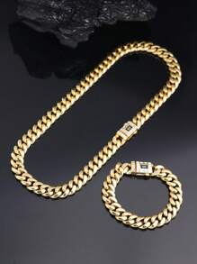 2pcs CVNANA Gold-Plated Men's Cuban Link Necklace & Bracelet Set, Punk Style Unisex Hip Hop Luxury Neck Chain Jewelry Set, Elegant Christmas Gift, Fashion Necklace, Perfect For Birthday, Valentine's Day, Father's Day