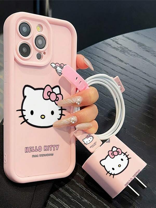 Sanrio 5-In-1 Cute Kitten Pattern Phone Case Set: Includes Phone Case, Charger Head Cover, Cable Protector, Lanyard, Compatible With IPhone X/Xs/XR/XS Max/11/12/13/14/15/16 Pro Max, TPU Anti-Fall Protection
