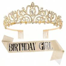 2pcs/Set Baroque Rhinestones Birthday Princess Queen Sash Ribbon Birthday Queen Crown Tiara Rhinestone Birthday Headbands Birthday Sash With Ribbon Pearl Pin Happy Birthday Crown And Sash Ribbon For Birthday Party Ball Decoration Bridal Tiara For 13th 16th 18th, 20th, 30th, 40th, 50th, And 60th 70th 80th Birthdays - Add A Touch Of Elegance To Your Party Decorations Party Supplies Ribbon