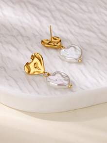 SHEIN MOD 1Pair Sweet Texture Heart Earrings For Women Gold Plated Stainless Steel Earrings Wedding Travel Birthday Jewelry Valentine's Day Gift - Yellow Gold - View 3