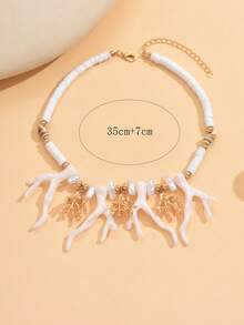 1件夏日节日手工串珠项链，饰有鹿角、珊瑚枝和天然贝壳饰物，女士时尚首饰 - 适合日常搭配、海滩度假、摄影和约会。天然贝壳材质、形状和表面图案随机。