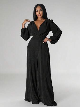 V-Neck Pleated Fabric Long Sleeve Waisted Wide Leg Pants Jumpsuit