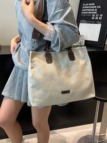 1pc Canvas Tote Bag, Large Capacity, Simplistic Design, Suitable For Women, Fits Laptop And Textbooks, Lightweight And Portable, Ideal For Daily Use, Commuting, School, College Students