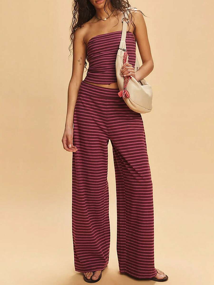 Womens Striped Two Piece Sets Summer Lounge Outfits Sailor Crop Tube Top And Striped Wide Leg Pants Matching Set Beach Vacation Travel Y2k Lounge Set - Đỏ - Xem 1