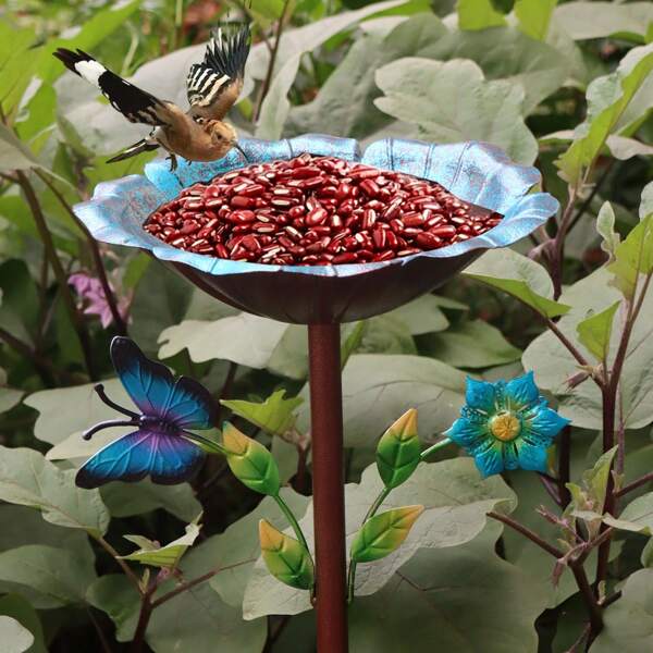 1pc Iron Butterfly Flower & Leaf Design Bird Feeder, For Outdoor Use With Stake, Simple Installation