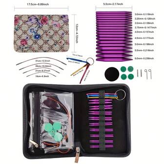 可互换环形织针套装 9 对 3 毫米-6 毫米 0.12 英寸-0.24 英寸铝制环形织针适用于手工 DIY 编织，紫色，用于编织毛衣袖子的针