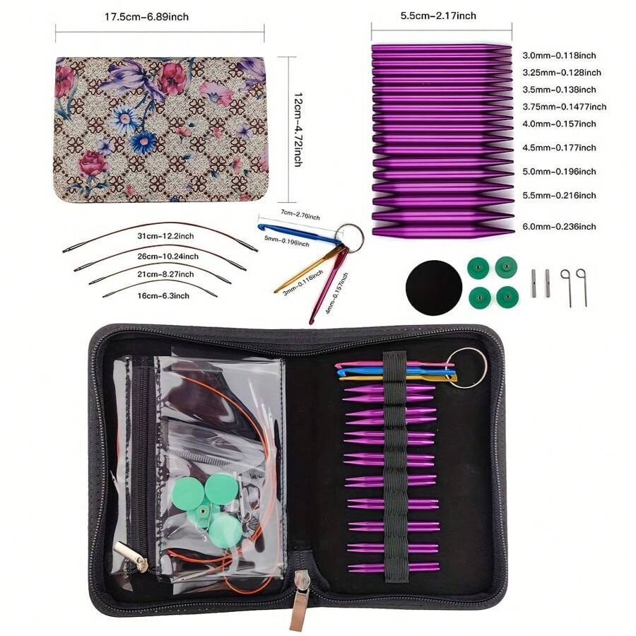 Set de agujas circulares intercambiables para tejer 9 pares de 3mm-6mm/0.12in-0.24in, agujas circulares de aluminio para tejer a mano DIY, color púrpura, agujas para tejer mangas de suéter