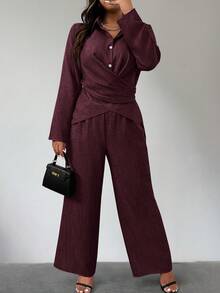 Plus Size Women Minimalist Solid Color Overlap Layered Linen-Like Texture Top And Wide Leg Loose Pants Set - Burgundy - View 1