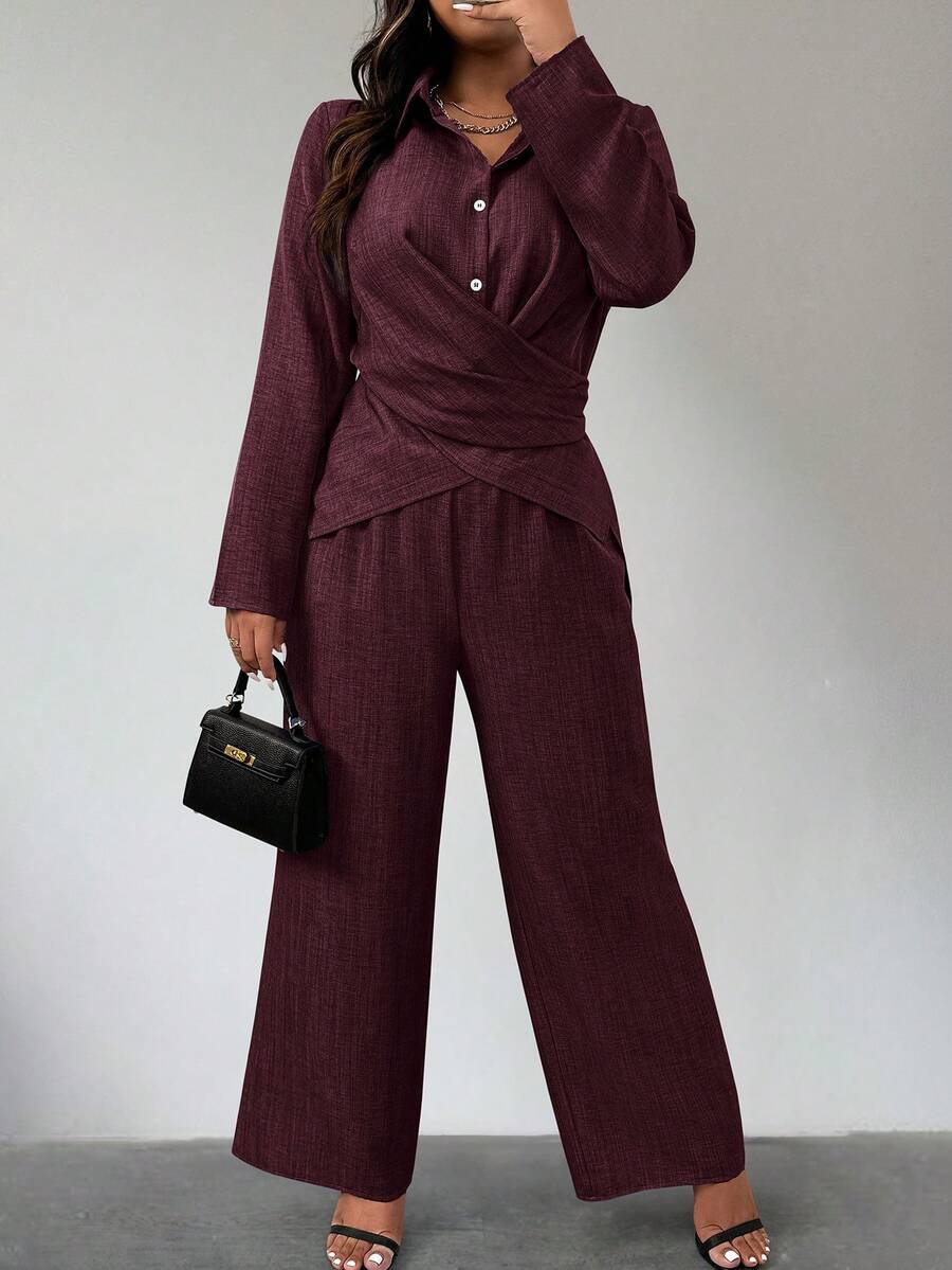 Plus Size Women Minimalist Solid Color Overlap Layered Linen-Like Texture Top And Wide Leg Loose Pants Set - Burgundy - View 1