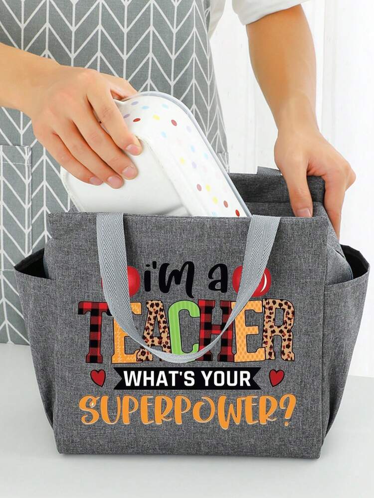 教师精选保温午餐袋 - 充满活力的“伟大的老师永远不会忘记”设计，厚牛津帆布冷藏手提袋，带软垫手柄，容量大，可水洗，适用于学校、办公室、野餐、露营、旅行 - 灰色 - 查看 5