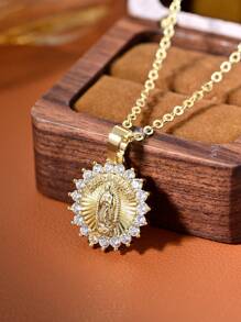 1pc Elegant Virgin Mary Women's Pendant Necklace,14K Gold Plated Stylish Round Sun Pendant With Micro-Set Shiny Zirconia,Guadalupe Script,Religious Believer Jewelry.Perfect For Daily Wear,Layering,Vacation,Holidays,Weddings And Prayers.Perfect Gift For Your Girlfriend,Friend,Mother.