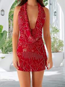 Women Mini Dress Sleeveless Halter Dress Slit Summer Floral Dress For Club Party