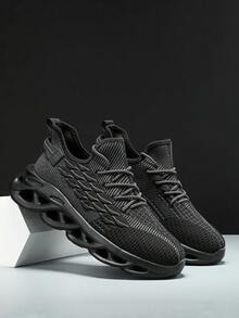 Pure Black 3D Scale Textured Knit Upper Men's Casual Shoes, Personalized Wave Hollow Thick Sole Lace-Up Street Style Chunky Sneakers - Black - View 2