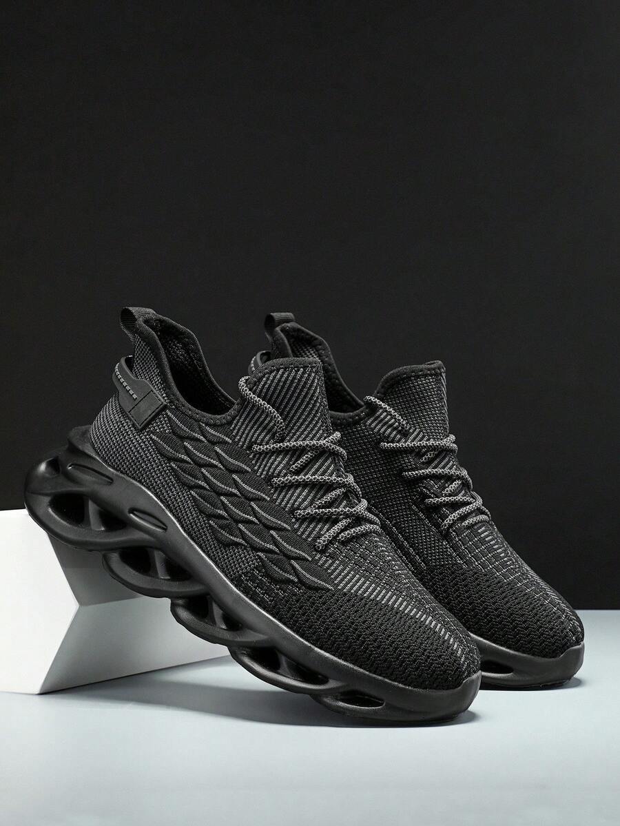 Pure Black 3D Scale Textured Knit Upper Men's Casual Shoes, Personalized Wave Hollow Thick Sole Lace-Up Street Style Chunky Sneakers