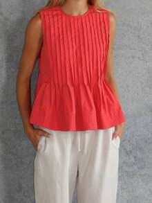 Womens Peplum Babydoll Tops Cute Pleated Sleeveless Ruffle Strap T Shirts Tank Summer Tops - Đỏ - Xem 3