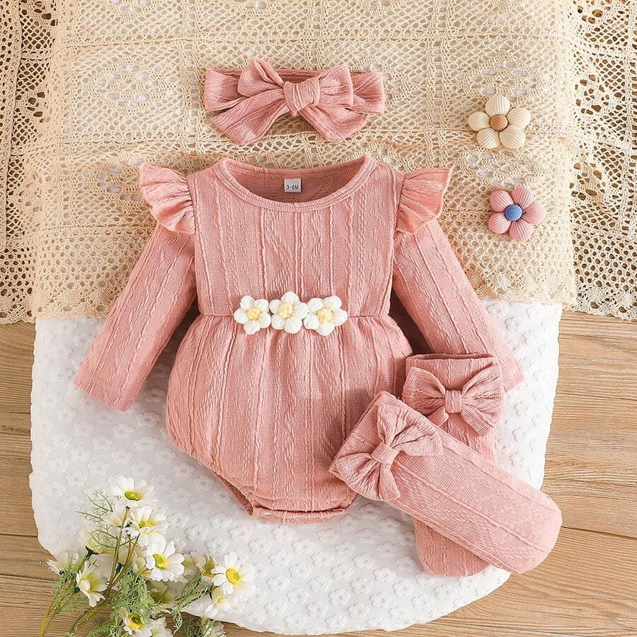 Newborn Baby Girls Cute Plain Bow Ruffle Ribbed Long Sleeve Romper Tops Headband Socks Outfits Infant Party Clothes Set - Pink - View 1