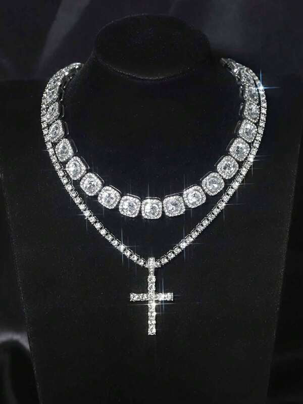 Silvery Men Necklace Hiphop Iced Out Popular Shiny Tennis Chain Cross Pendant Necklace Match Sugar Chain Fashion Diamond Jewelry For Men And Women Gift