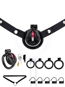 Male Inverted Negative Chastity Cage With 4 Rings Set, Small Men Flat Chastity Device Lock, Realistic Pussy Penis Cage Design, BDSM Bondage Adults Sex Toys For Gay Couples (Pink)