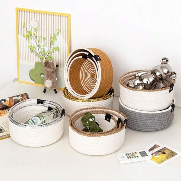 Handwoven Desktop Organizer Set – Braided Storage Baskets (Small, Medium, Large) For Home, Office, Kitchen, Or Bathroom – Decorative Storage Box Modern Boho Desk Organizers For Clutter-Free Workspaces – Durable Natural Fiber Trays & Bins School Supplies,Back To School